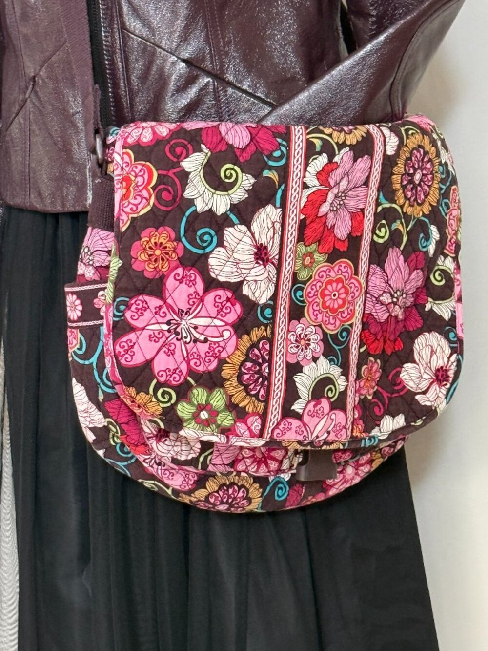 Vera Bradley Floral Quilted Messenger Crossbody Bag Brown Pink